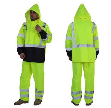 Hi Vis Rain Gear Set (Jacket with Hood + Pant). High visibility general purpose rain jacket. Color: Fluorescent Yellow. Class: Type R Class 3 Size: L