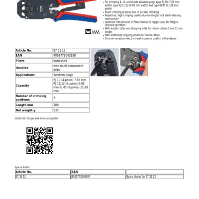 Knipex Hand Crimping Tool for Modular Plug - 97 51 12