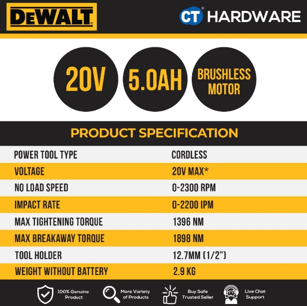 DEWALT DCF900P2T XR 20VMAX BRUSHLESS HIGH TORQUE 1  /  2" IMPACT WRENCH