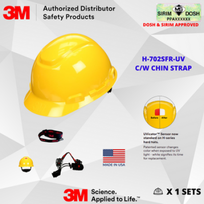 DOSH and SIRIM Approved JKKP 2022 12-01 00007 3M SecureFit Hard Hat H-702SFR-UV, Yellow, 4-Point Pressure Diffusion Ratchet Suspension, with Uvicator