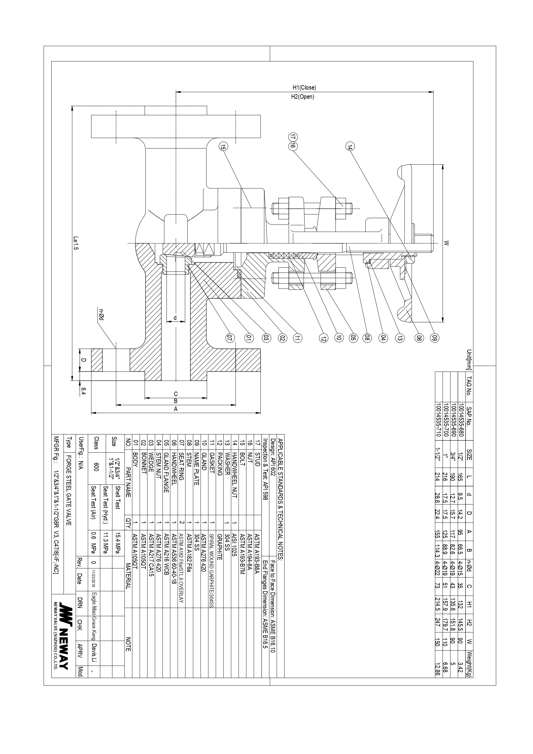 NEWAY GATE VALVE, REDUCED PORT,  ANSI 600, A105N BODY, TRIM 8, FLANGED ENDS HANDWHEEL OPERATED,  NACE MR-01075 & MR-0103,   SIZE : 1"   OFFER AS PER DRAWING OFFER W      /      O COMPLY TP PMRC STANDARD