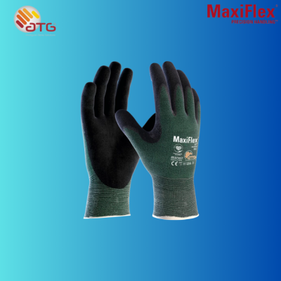 Gloves, Safety: CUT protection gloves, EN 388:4331, NBR outer, UHMWPE-GLASS-NYLON-SPANDEX inner, length 9.6 in, size XL; Manufacturer: ATG GLOVE SOLUTIONS, Part Number: 34-8743 XL.