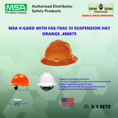 MSA V-Gard Slotted Full-Brim Hat, Orange, with Fas-Trac III Suspension 496075, DOSH AND SIRIM APPROVED