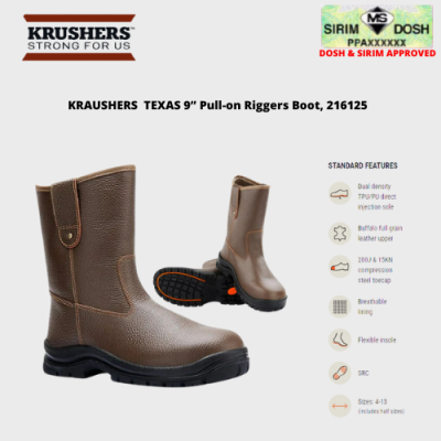 KRAUSHERS  TEXAS 9 Pull-on Riggers Boot, 216125, Dosh and Sirim Approved, Size US 8