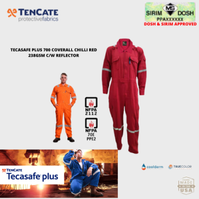 TECASAFE PLUS 700 COVERALL CHILLI RED 238GSM C W REFLECTOR, SIZE:2XL, Shell logo 2 in wide embroidere