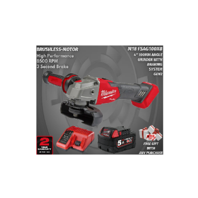 Milwaukee M18 FSAG100XB Fuel 4" 100MM Braking Angle Grinder GEN2   Brushless Motor   High Performance Angle Grinder