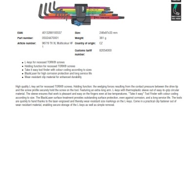 Wera 024470 9 Piece L Shape Long Arm Torx Key Set