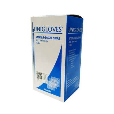 UNIGLOVES STERILE GAUZE SWABS 5CMX5CM 5X12PLY 25S