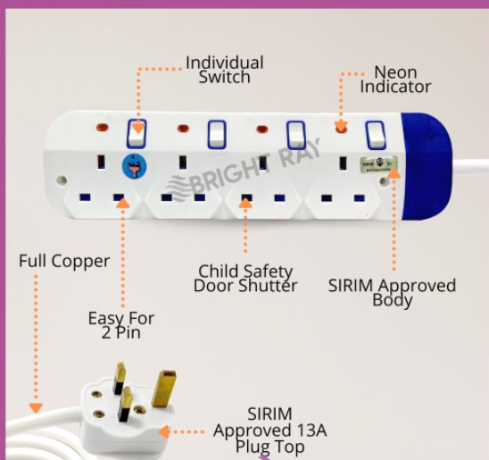 5MTR BLUE WHITE Portable Extension Socket Trailing Socket Extension Plug Adapter