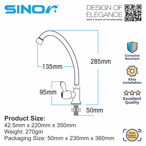 Sink Tap, SINOR S-1003-P Stainless Steel   /   SINOR S-1003-P Stainless Steel