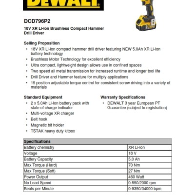 DeWALT XR Keyless 18V Cordless Hammer Drill - DCD796P2-GB