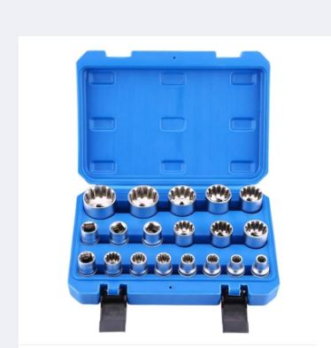 19Pcs M8-M32 1      /      2" Drive 12 Point Hex Splined Bit Socket Set Repair Tool Kit