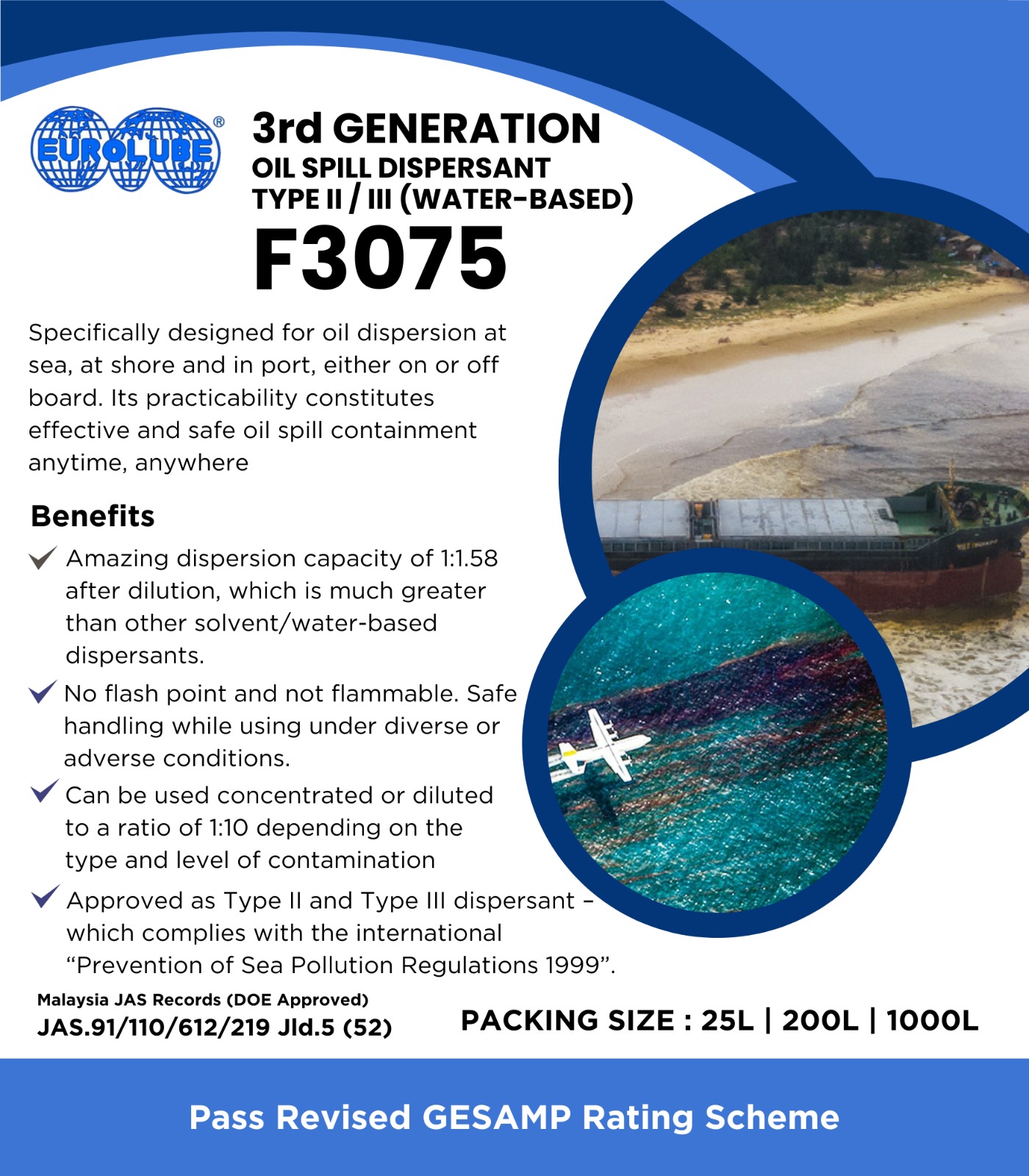 EUROLUBE F3075 3RD GENERATION TYPE II  /  III OIL SPILL DISPERSANT (WATER BASED), 25LTR