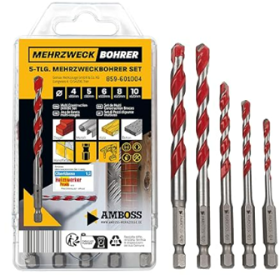 Anvil Multi-Purpose Drill Set Multifunctional Drill Bit Set 5-Piece Diameter 4, 5, 6, 8, 10 mm for Wood, Sheet Metal, Plasterboard, (Stainless Steel) Steel, Masonry and Much More. For Drilling   Cordless Screwdrivers