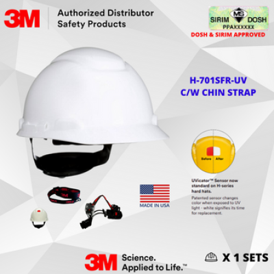 DOSH and SIRIM Approved JKKP 2022 12-01 00007 3M SecureFit Hard Hat H-701SFR-UV, White, 4-Point Pressure Diffusion Ratchet Suspension, with Uvicator