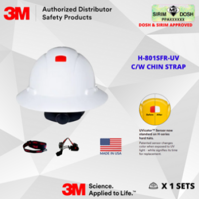 SIRIM AND DOSH APPROVE JKKP 2022 12-01 00020. 3M SecureFit Full Brim Hard Hat H-801SFR-UV, White, 4-Point Pressure Diffusion Ratchet Suspension, with UVicator