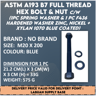 ASTM A193 B7 FULL THREAD HEX BOLT & NUT C.W 1 PC, SPRING WASHER & 1 PC F 436 HARDENED WASHER ZINC, NICKEL + XYLAN 1070 BLUE COATED (M20 X 200)