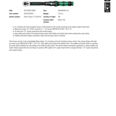 Wera 1 2 In Square Drive Mechanical Torque Wrench, 20-100Nm 450 X 60 X 60mm