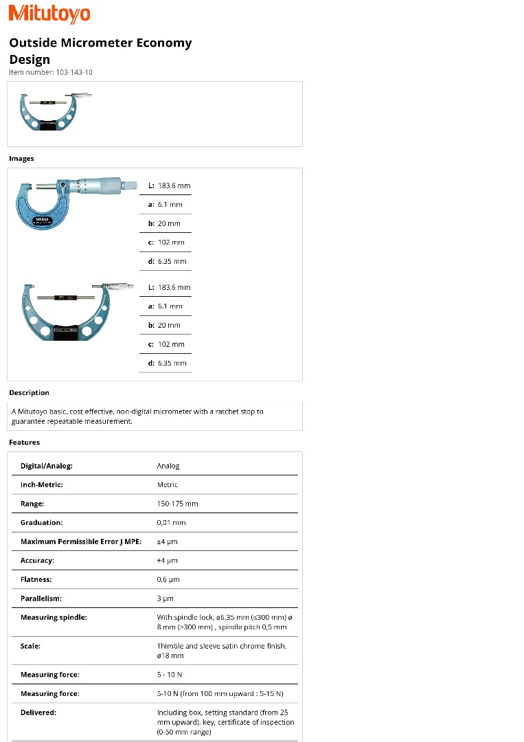 MITUTOYO OUTSIDE MICROMETER MODEL : 103-143-10 RANGE: 150MM-175MM   /   0.01MM