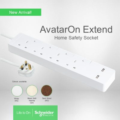 Schneider Electric Avatar On 4 Gang Trailing Socket With Switch & USB 3M Length Cable