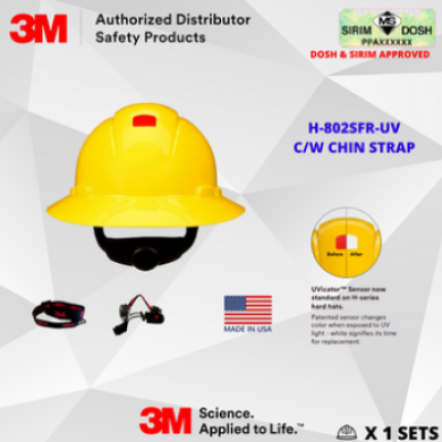 SIRIM AND DOSH APPROVE JKKP 2022 12-01 00020. 3M SecureFit Full Brim Hard Hat H-802SFR-UV, Yellow, 4-Point Pressure Diffusion Ratchet Suspension, with UVicator