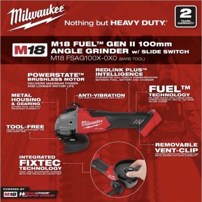 Milwaukee M18 FSAG100XB Fuel 4" 100MM Braking Angle Grinder GEN2