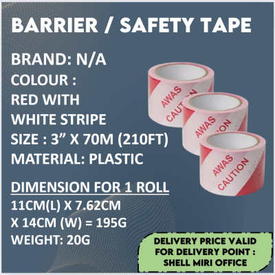 SAFETY BARRIER TAPE 3 X 70M (210FT), (RED WITH WHITE STRIPE)