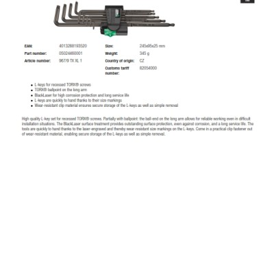 Wera 024460 9 Piece L Shape Long Arm Torx Key Set