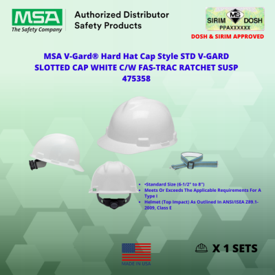 DOSH and Sirim Approved. MSA V-GARD WITH FAS-TRAC III SUSPENSION CAP WHITE 475358 with 88012 Chinstrap