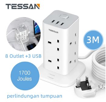 Tessan 3M Extension Cable Power Strip Tower